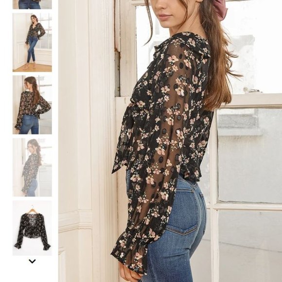 NWT Black Floral Print Ruffle Tie Front Top-Sheer - Picture 7 of 7